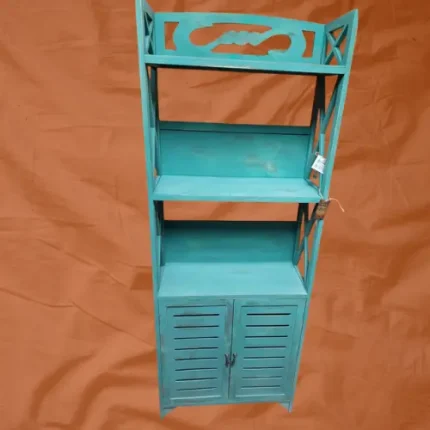 Repisero vintage color turquesa con 2 puertas y 3 repisas