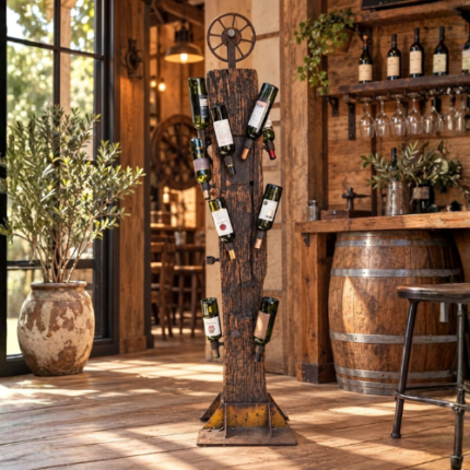 Cava de pedestal de roble con base y aplicaciones en fierro forjado para 18 botellas